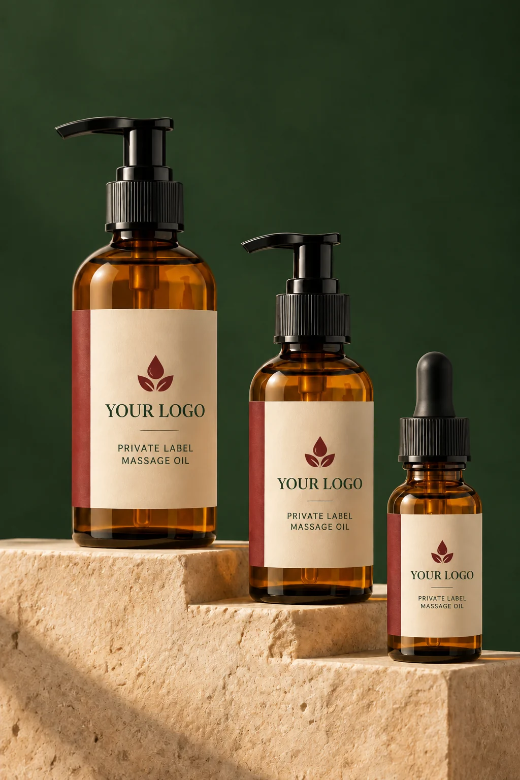 Three amber massage oil bottles in professional and retail sizes with a customer-brand label mockup