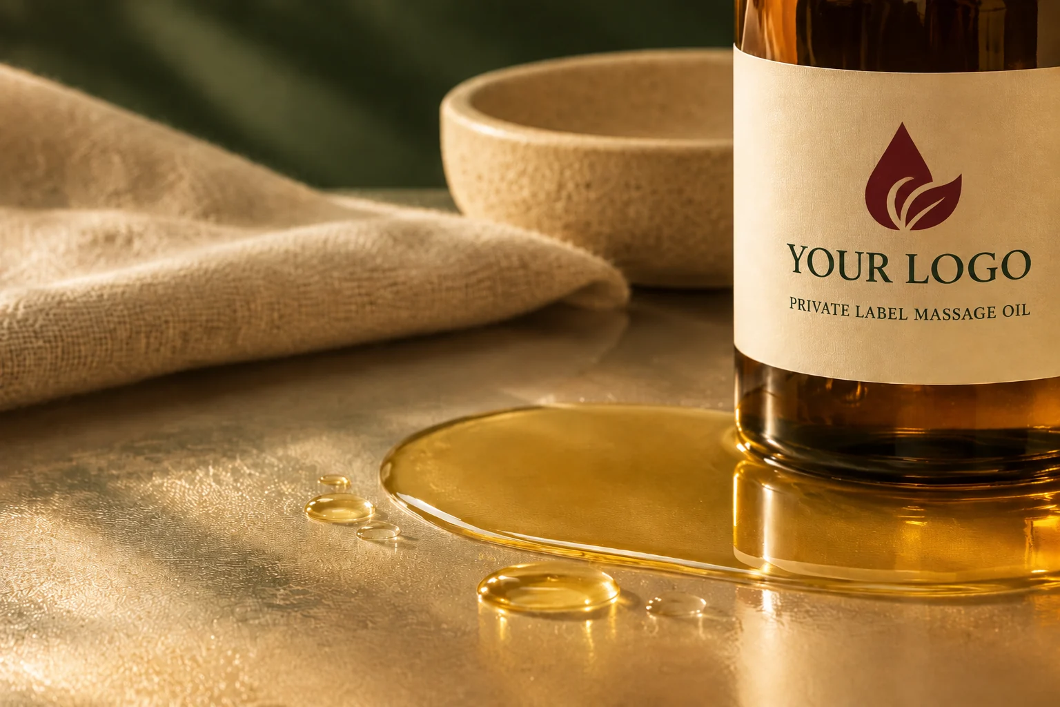 Golden massage oil texture beside an amber bottle with a customer-brand label mockup