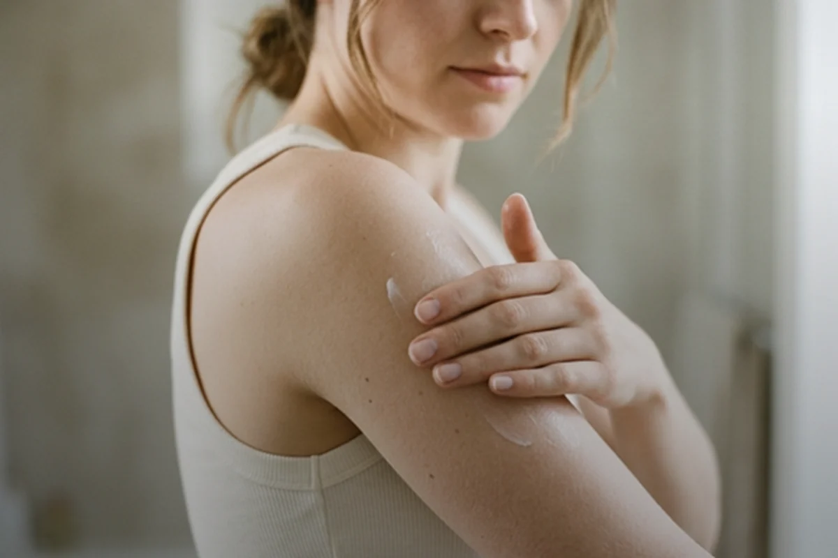 Woman applying body lotion to her shoulder