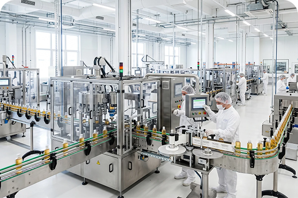 Cosmetic filling line with amber bottles in production