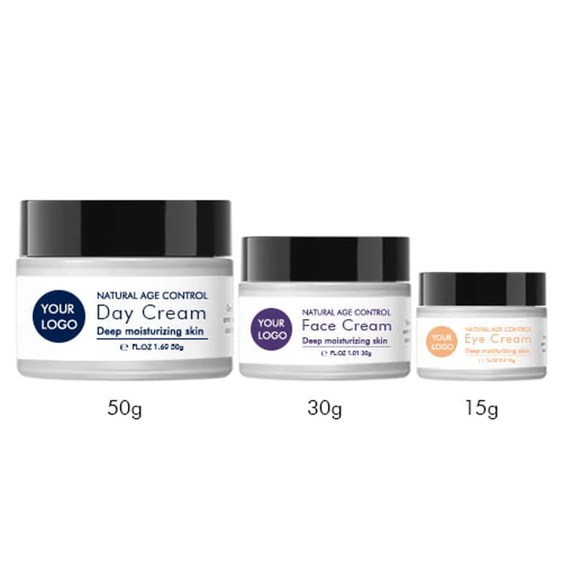 Face cream jars in three sizes with white label areas