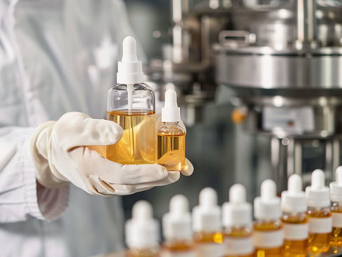 Amber oil bottles held in gloved hands during filling