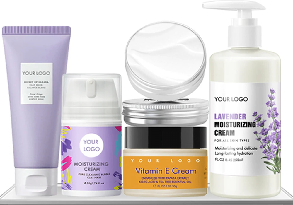 Collection of body and face care packaging with pump bottle, jars and tubes